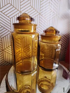 Vintage LE Smith Set Rare Amber 10 Panel Canisters / Apothecary Jars 9 & 12 Inch